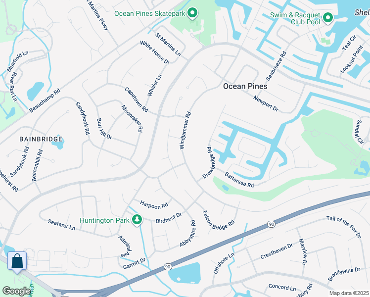 map of restaurants, bars, coffee shops, grocery stores, and more near 123 Windjammer Road in Ocean Pines