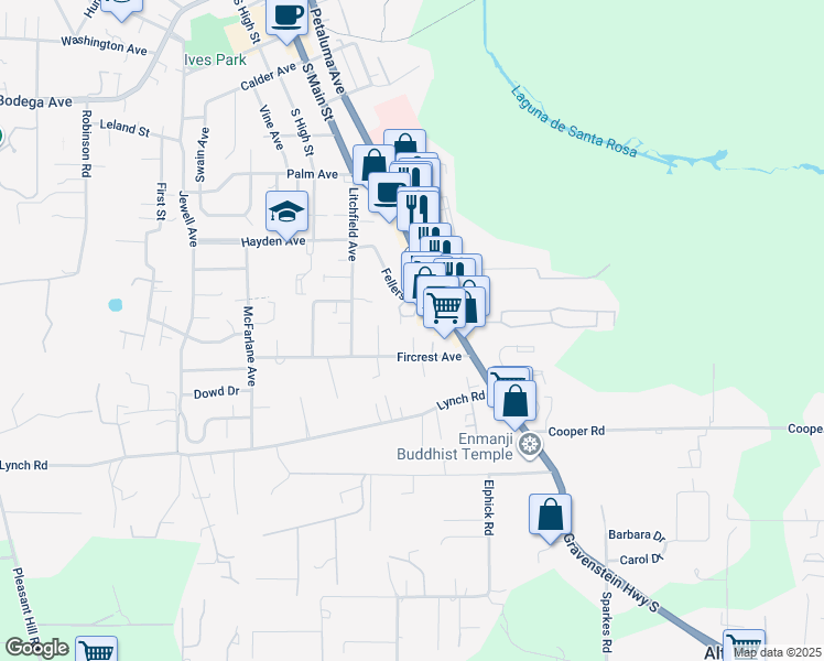 map of restaurants, bars, coffee shops, grocery stores, and more near 7122 Fircrest Avenue in Sebastopol