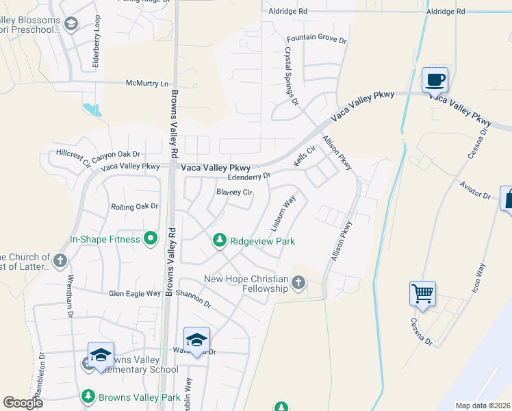 map of restaurants, bars, coffee shops, grocery stores, and more near 585 Blarney Circle in Vacaville