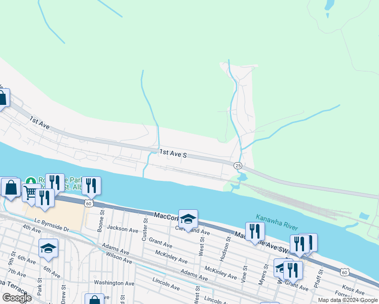 map of restaurants, bars, coffee shops, grocery stores, and more near 1121 Old County Road in Nitro