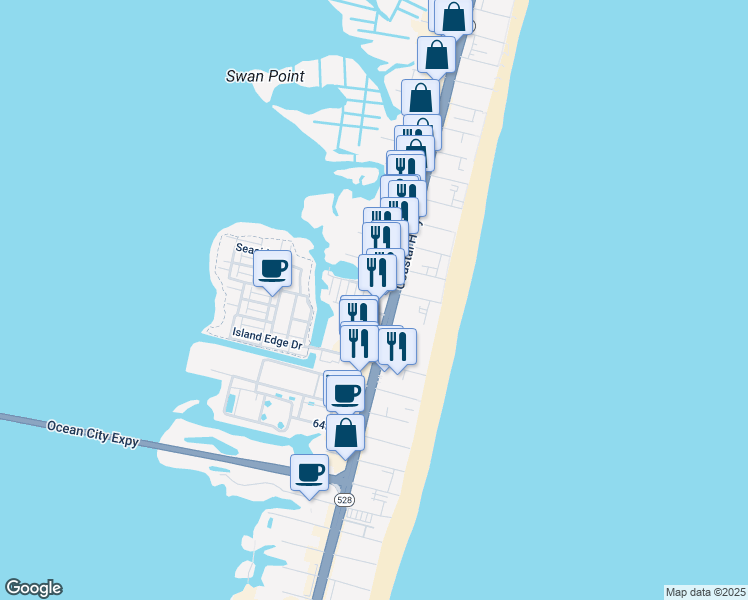 map of restaurants, bars, coffee shops, grocery stores, and more near 106 69th Street in Ocean City