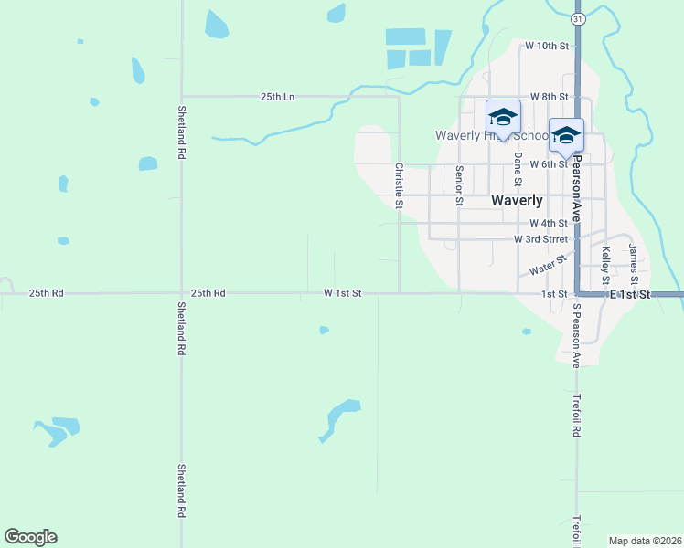 map of restaurants, bars, coffee shops, grocery stores, and more near 1948-1998 25th Road in Waverly