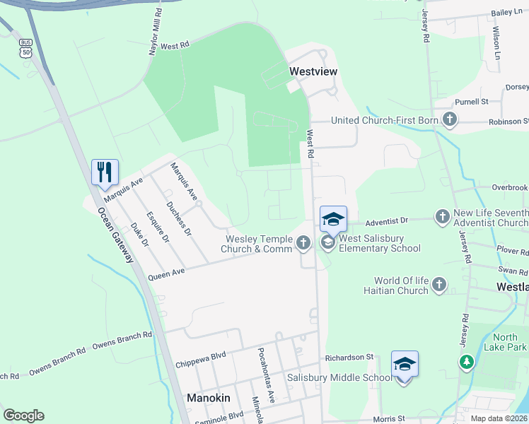 map of restaurants, bars, coffee shops, grocery stores, and more near 803 Sassafras Drive in Salisbury
