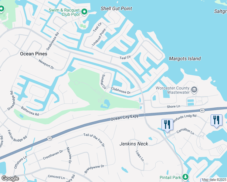 map of restaurants, bars, coffee shops, grocery stores, and more near 77 Clubhouse Drive in Ocean Pines