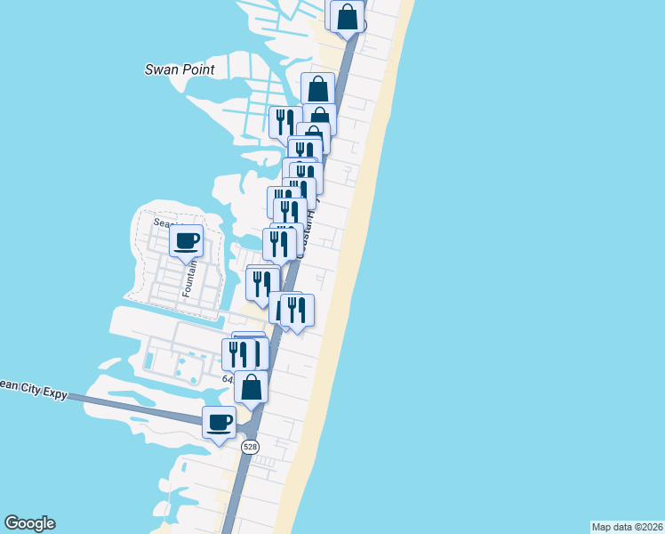 map of restaurants, bars, coffee shops, grocery stores, and more near 7001 Atlantic Avenue in Ocean City