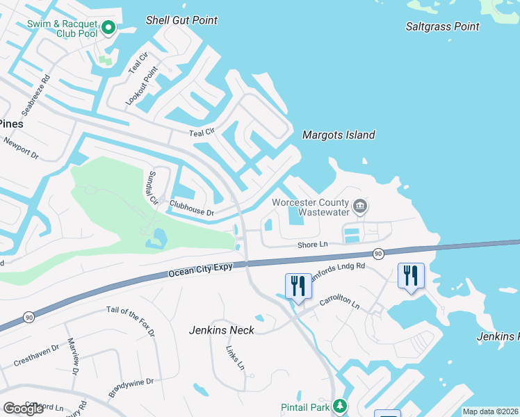 map of restaurants, bars, coffee shops, grocery stores, and more near 4 Village Way in Ocean Pines