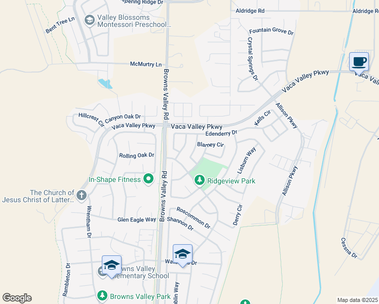 map of restaurants, bars, coffee shops, grocery stores, and more near 533 Wicklow Drive in Vacaville