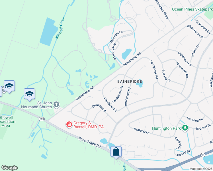 map of restaurants, bars, coffee shops, grocery stores, and more near 120 Pinehurst Road in Ocean Pines
