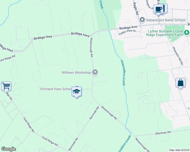 map of restaurants, bars, coffee shops, grocery stores, and more near 487 Watertrough Road in Sebastopol
