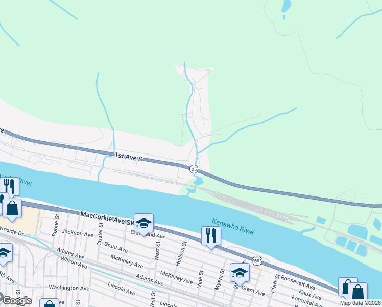map of restaurants, bars, coffee shops, grocery stores, and more near 4 Willow Tree Ln in Nitro