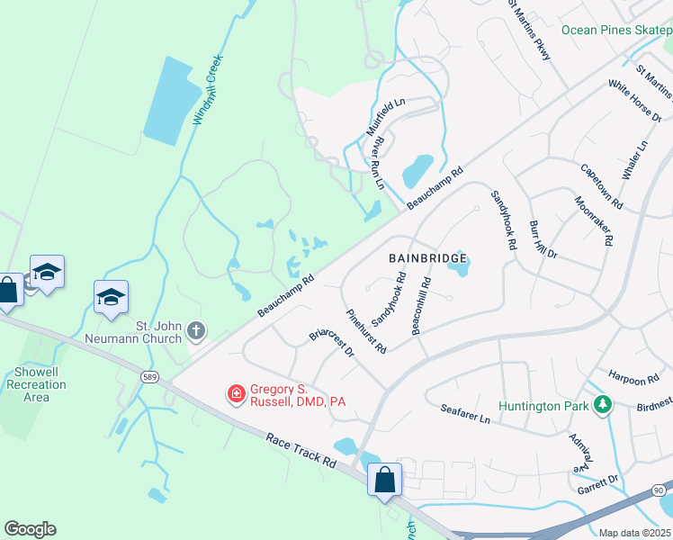 map of restaurants, bars, coffee shops, grocery stores, and more near 117 Pinehurst Road in Ocean Pines