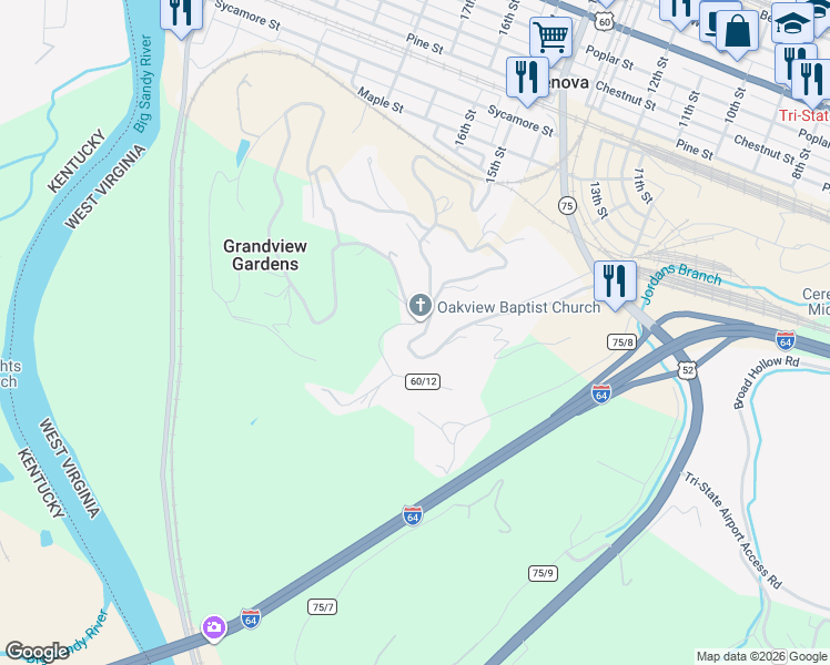 map of restaurants, bars, coffee shops, grocery stores, and more near 457 Barger Hill Road in Kenova
