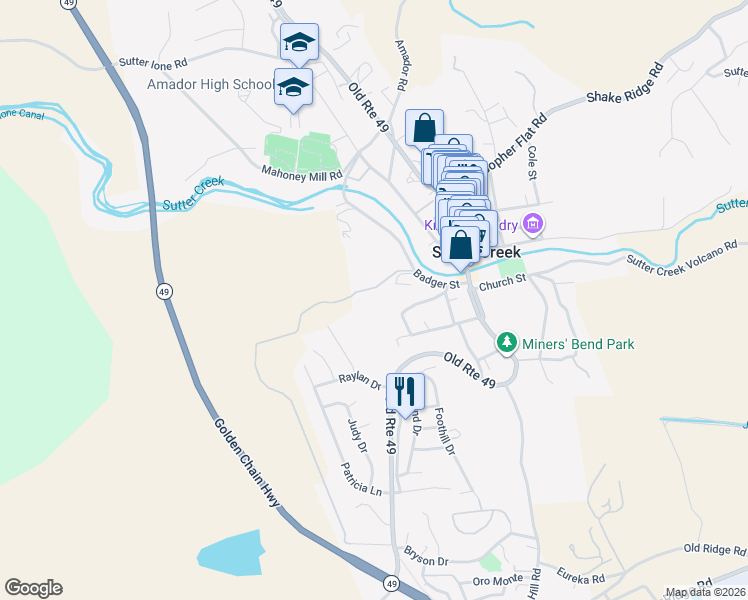 map of restaurants, bars, coffee shops, grocery stores, and more near 5 Allen Ranch Road in Sutter Creek