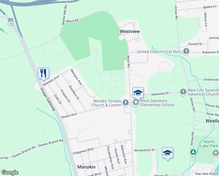 map of restaurants, bars, coffee shops, grocery stores, and more near 803 Sassafras Drive in Salisbury