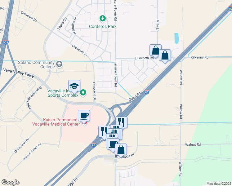 map of restaurants, bars, coffee shops, grocery stores, and more near 6801 Leisure Town Road in Vacaville