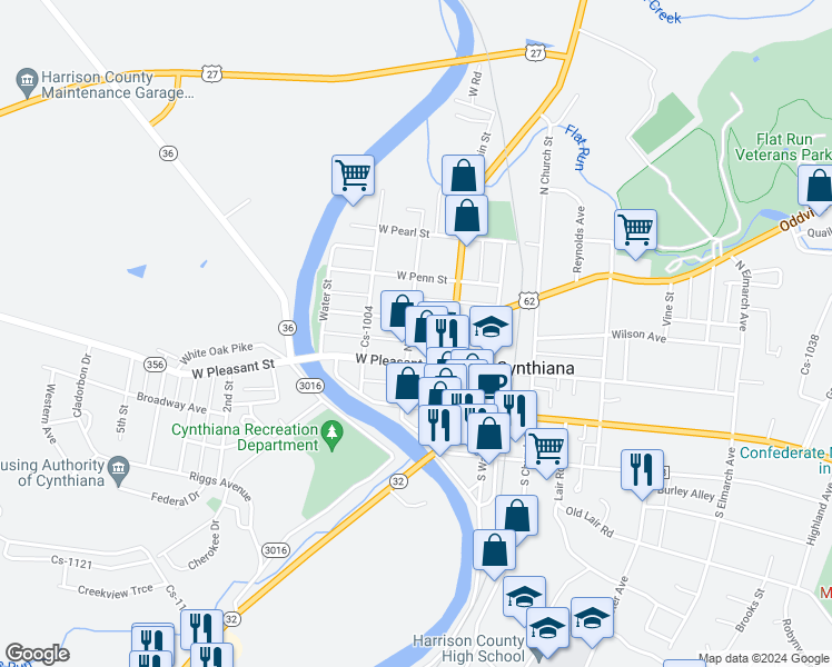 map of restaurants, bars, coffee shops, grocery stores, and more near 108 North Poplar Street in Cynthiana