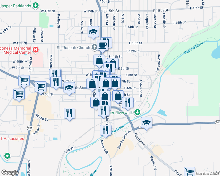 map of restaurants, bars, coffee shops, grocery stores, and more near 1 Courthouse Square in Jasper