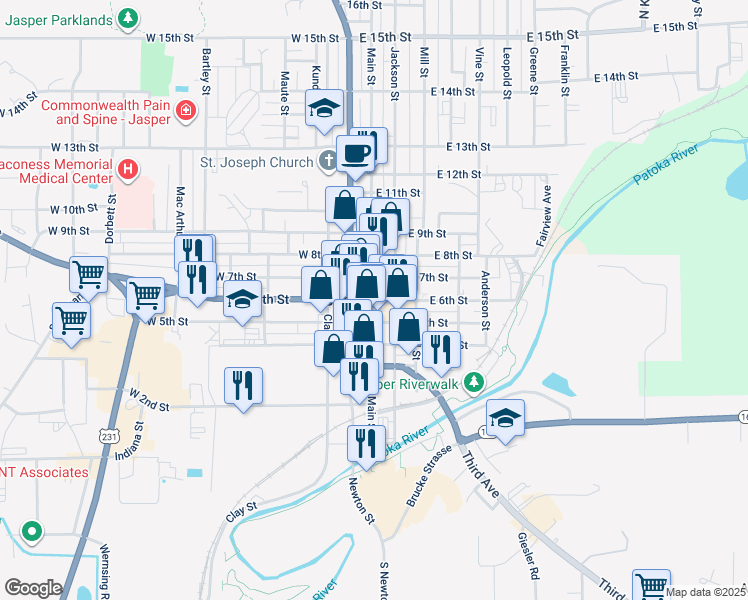map of restaurants, bars, coffee shops, grocery stores, and more near 1 Courthouse Square in Jasper