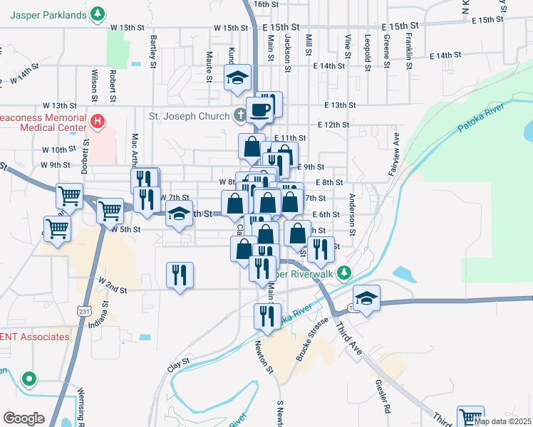 map of restaurants, bars, coffee shops, grocery stores, and more near in Jasper