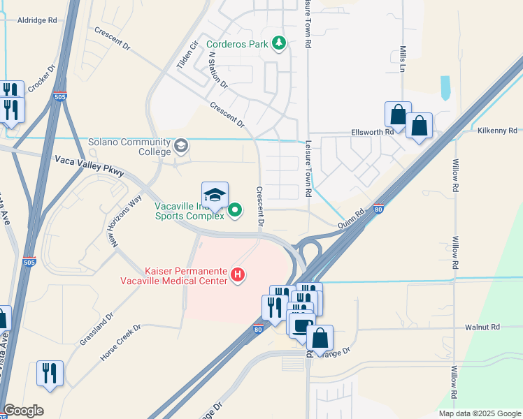 map of restaurants, bars, coffee shops, grocery stores, and more near Quinn Road & Crescent Drive in Vacaville