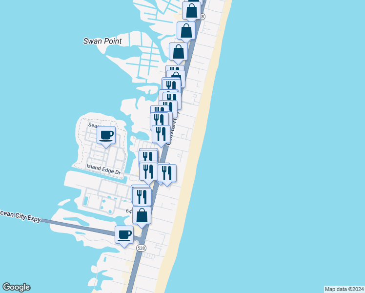 map of restaurants, bars, coffee shops, grocery stores, and more near 25 70th Street in Ocean City