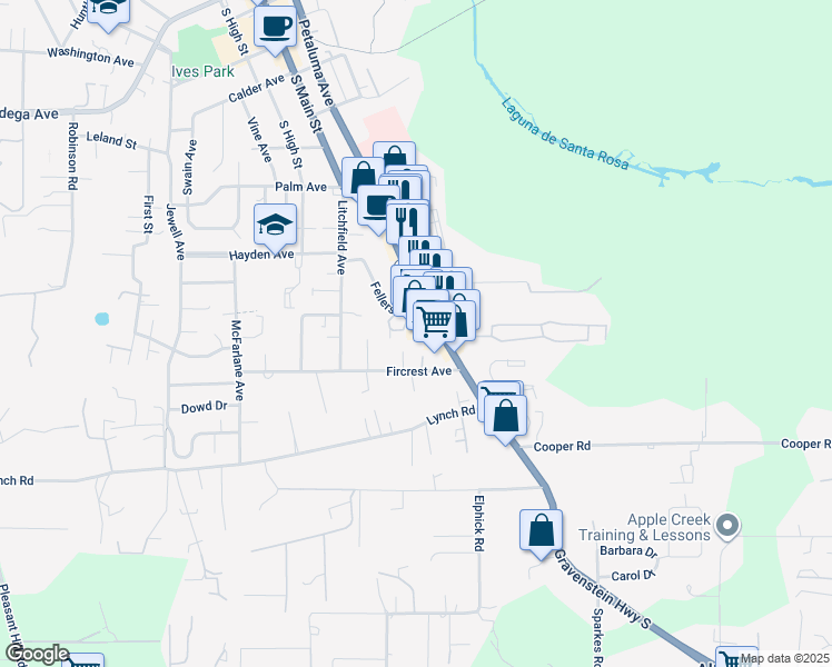 map of restaurants, bars, coffee shops, grocery stores, and more near 950 Gravenstein Highway South in Sebastopol