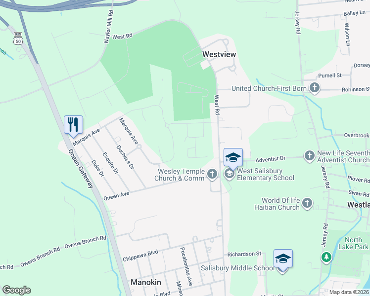 map of restaurants, bars, coffee shops, grocery stores, and more near 803 Sassafras Drive in Salisbury