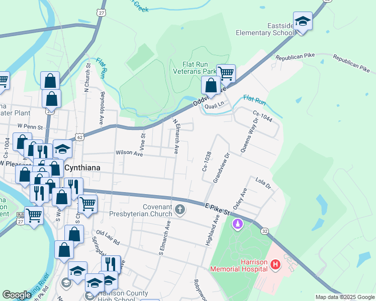 map of restaurants, bars, coffee shops, grocery stores, and more near 212 Hillside Drive in Cynthiana