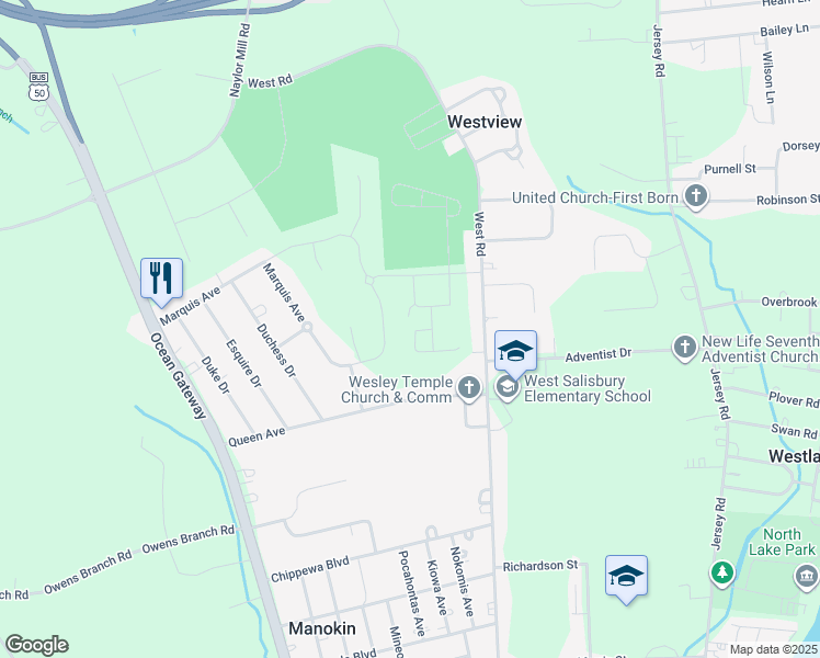 map of restaurants, bars, coffee shops, grocery stores, and more near 803 Sassafras Drive in Salisbury