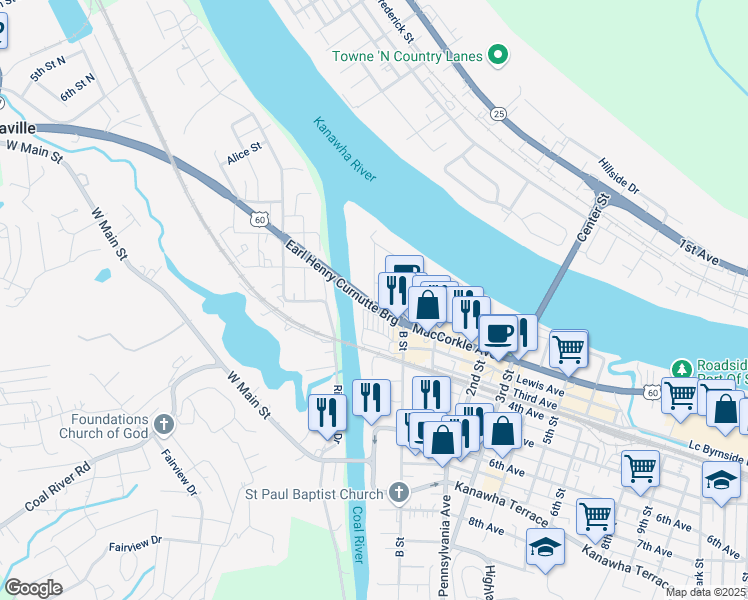map of restaurants, bars, coffee shops, grocery stores, and more near A Street in Saint Albans