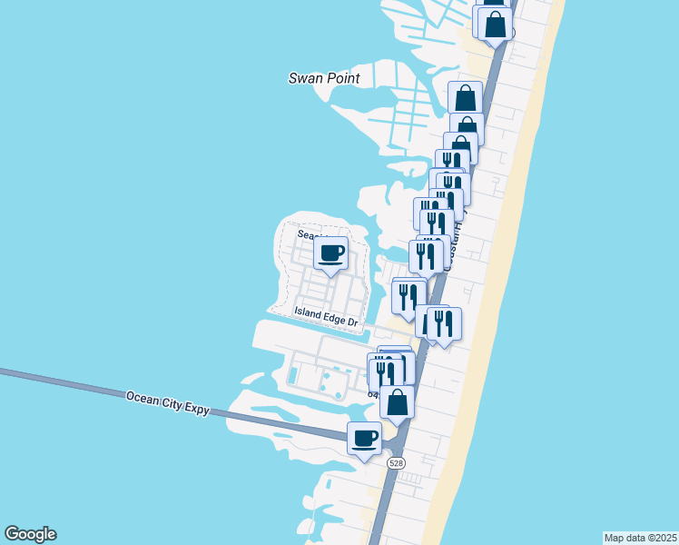 map of restaurants, bars, coffee shops, grocery stores, and more near 67th Street in Ocean City