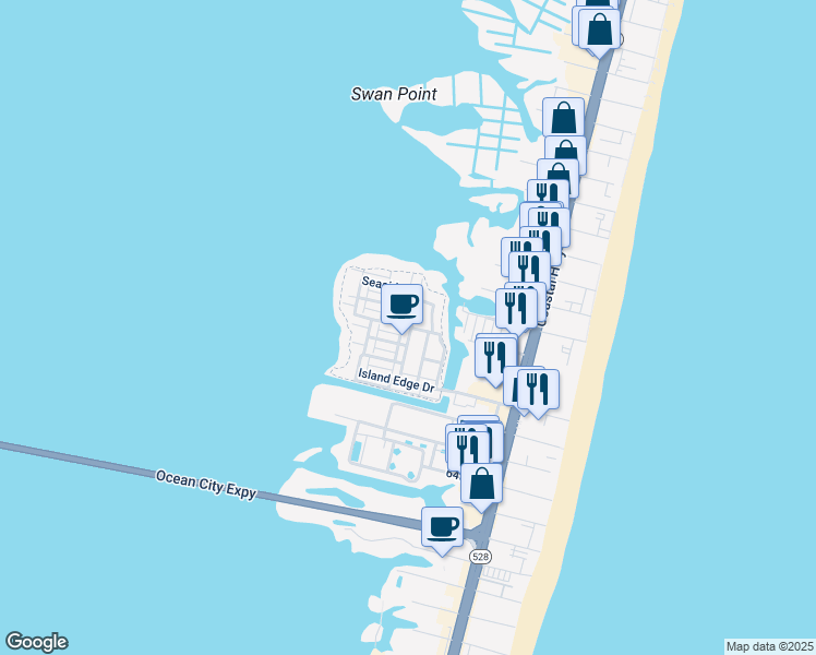 map of restaurants, bars, coffee shops, grocery stores, and more near 67th Street in Ocean City
