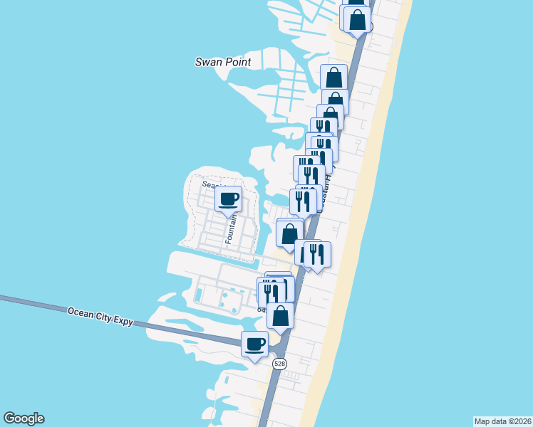 map of restaurants, bars, coffee shops, grocery stores, and more near 119 70th Street in Ocean City