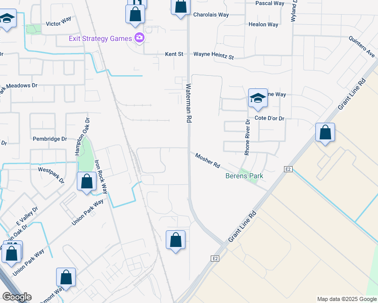 map of restaurants, bars, coffee shops, grocery stores, and more near 10051 Waterman Road in Elk Grove