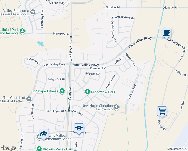 map of restaurants, bars, coffee shops, grocery stores, and more near 824 Bluewater Drive in Vacaville