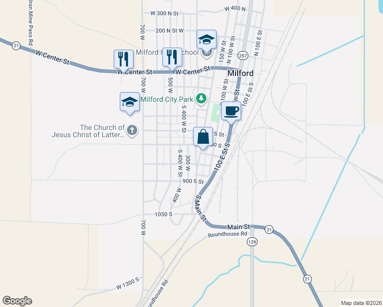 map of restaurants, bars, coffee shops, grocery stores, and more near 2 South 250 West in Milford