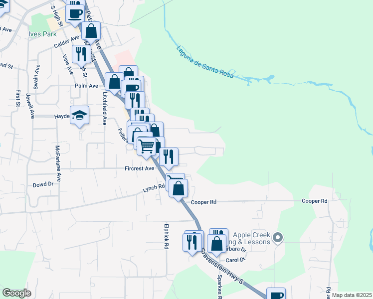 map of restaurants, bars, coffee shops, grocery stores, and more near 6781 Evergreen Avenue in Sebastopol