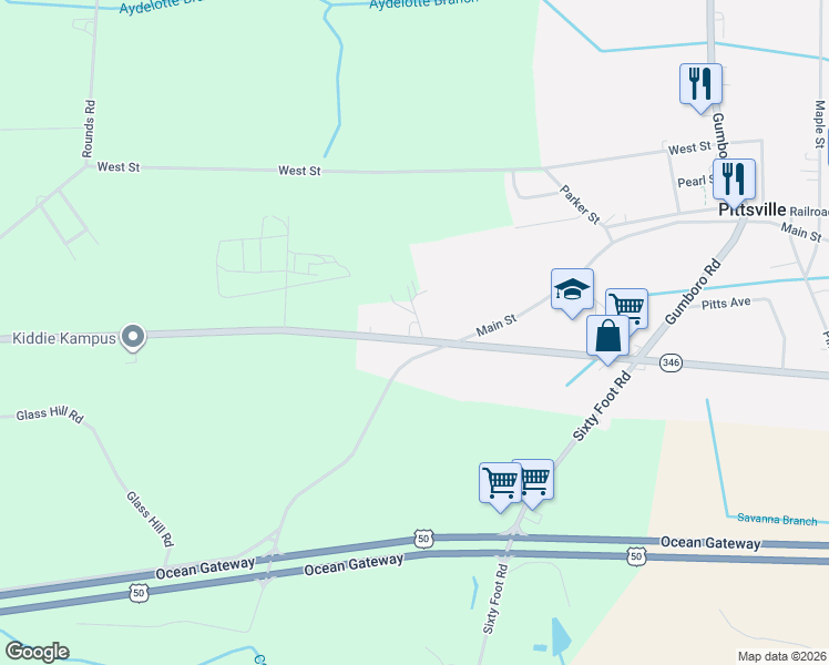 map of restaurants, bars, coffee shops, grocery stores, and more near 34200 Old Ocean City Road in Pittsville