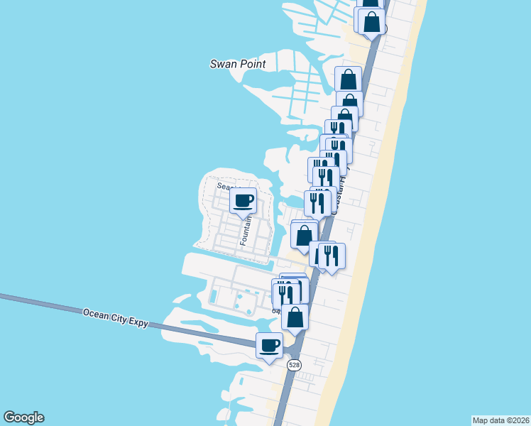 map of restaurants, bars, coffee shops, grocery stores, and more near 119 70th Street in Ocean City