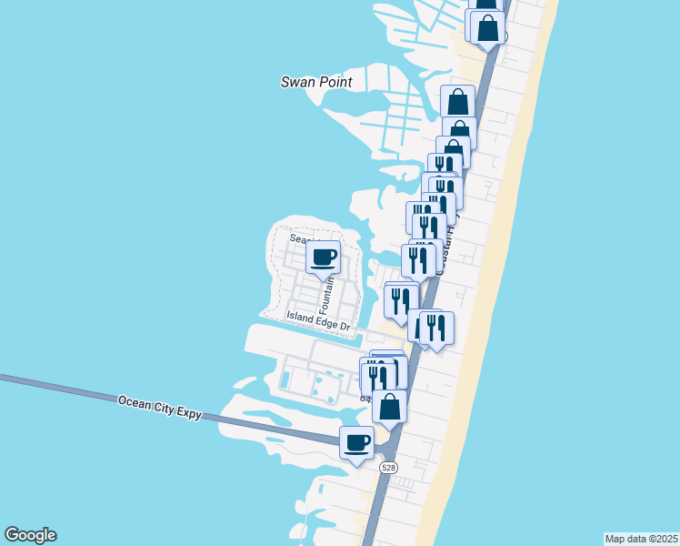 map of restaurants, bars, coffee shops, grocery stores, and more near 67th Street in Ocean City