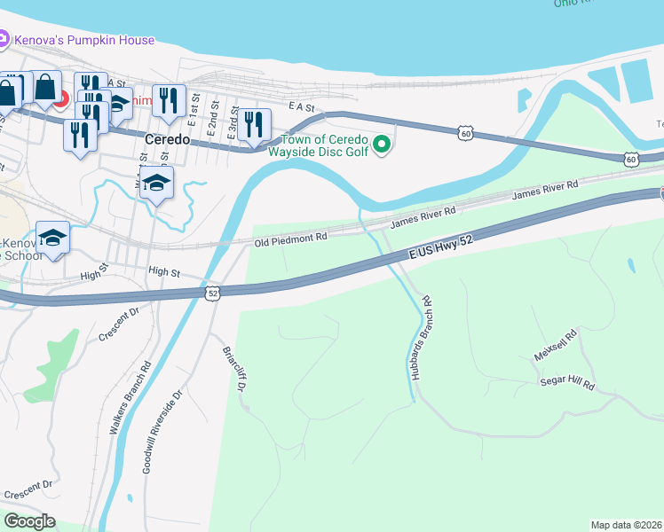 map of restaurants, bars, coffee shops, grocery stores, and more near Interstate 64 in Huntington