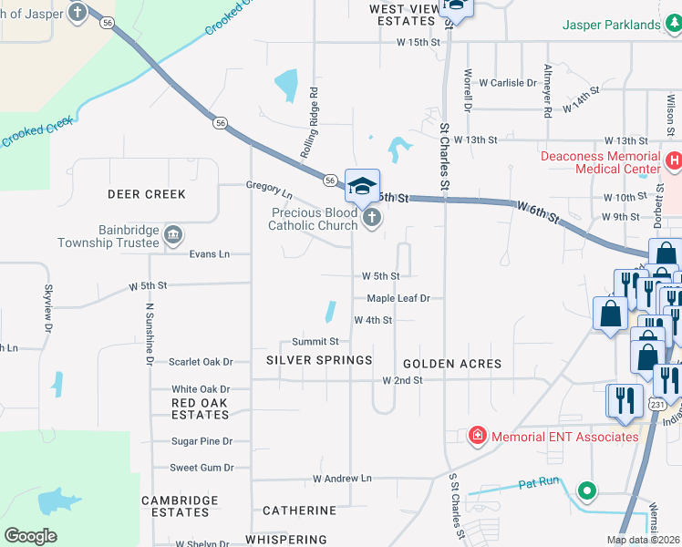 map of restaurants, bars, coffee shops, grocery stores, and more near 505 Lechner Lane in Jasper