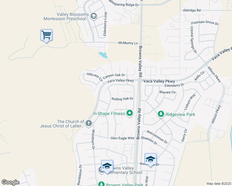 map of restaurants, bars, coffee shops, grocery stores, and more near 573 Rolling Oak Court in Vacaville