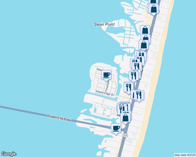 map of restaurants, bars, coffee shops, grocery stores, and more near 19 Corner Store Lane in Ocean City