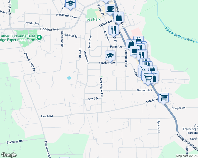 map of restaurants, bars, coffee shops, grocery stores, and more near 893 McFarlane Avenue in Sebastopol