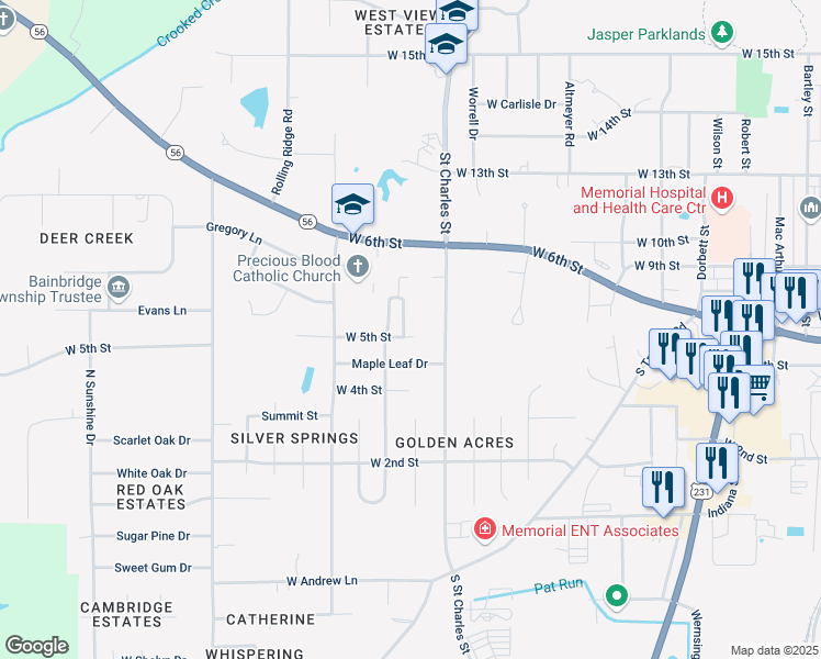 map of restaurants, bars, coffee shops, grocery stores, and more near 534 Circle Pine Drive in Jasper