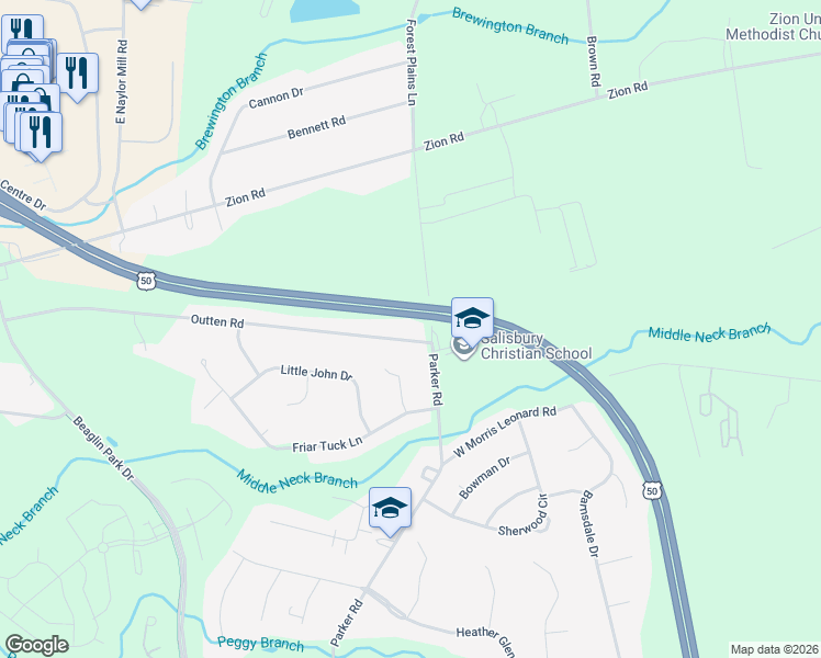 map of restaurants, bars, coffee shops, grocery stores, and more near 909 Outten Road in Salisbury