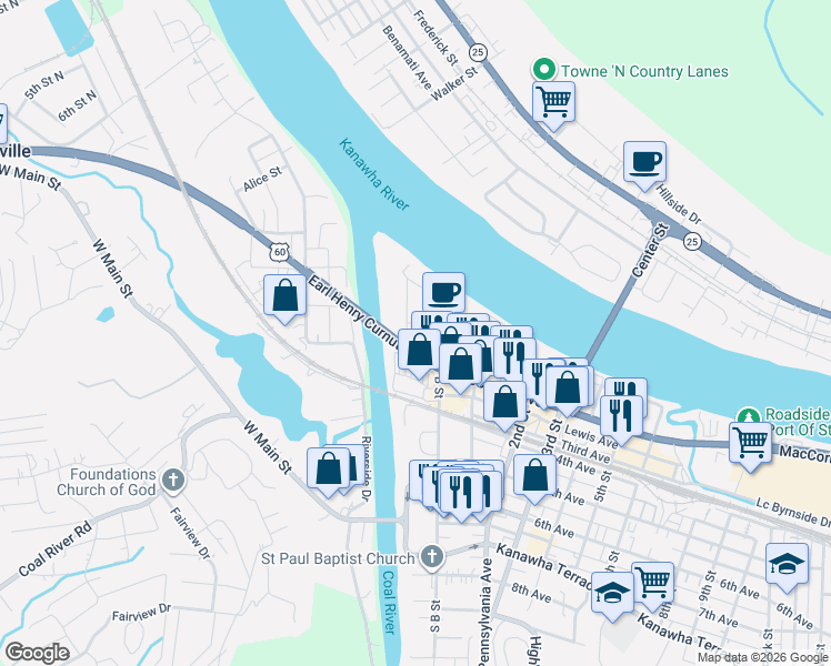map of restaurants, bars, coffee shops, grocery stores, and more near 45-49 B Street in Saint Albans
