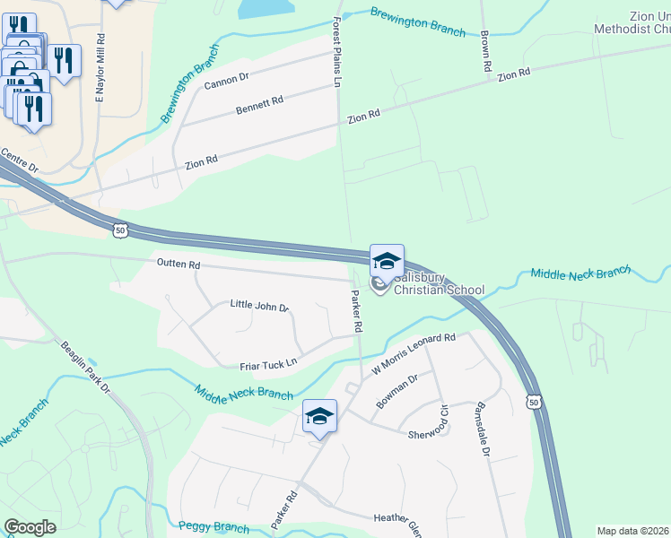 map of restaurants, bars, coffee shops, grocery stores, and more near 909 Outten Road in Salisbury