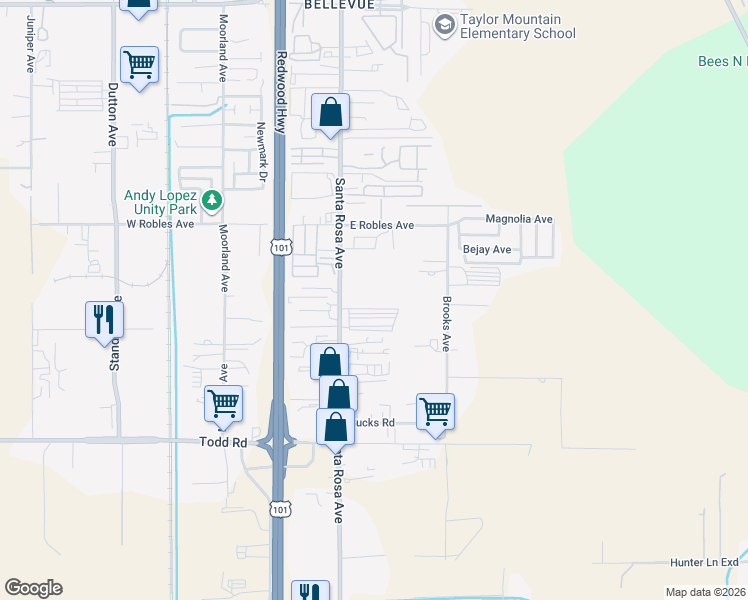 map of restaurants, bars, coffee shops, grocery stores, and more near 3454 Santa Rosa Avenue in Santa Rosa
